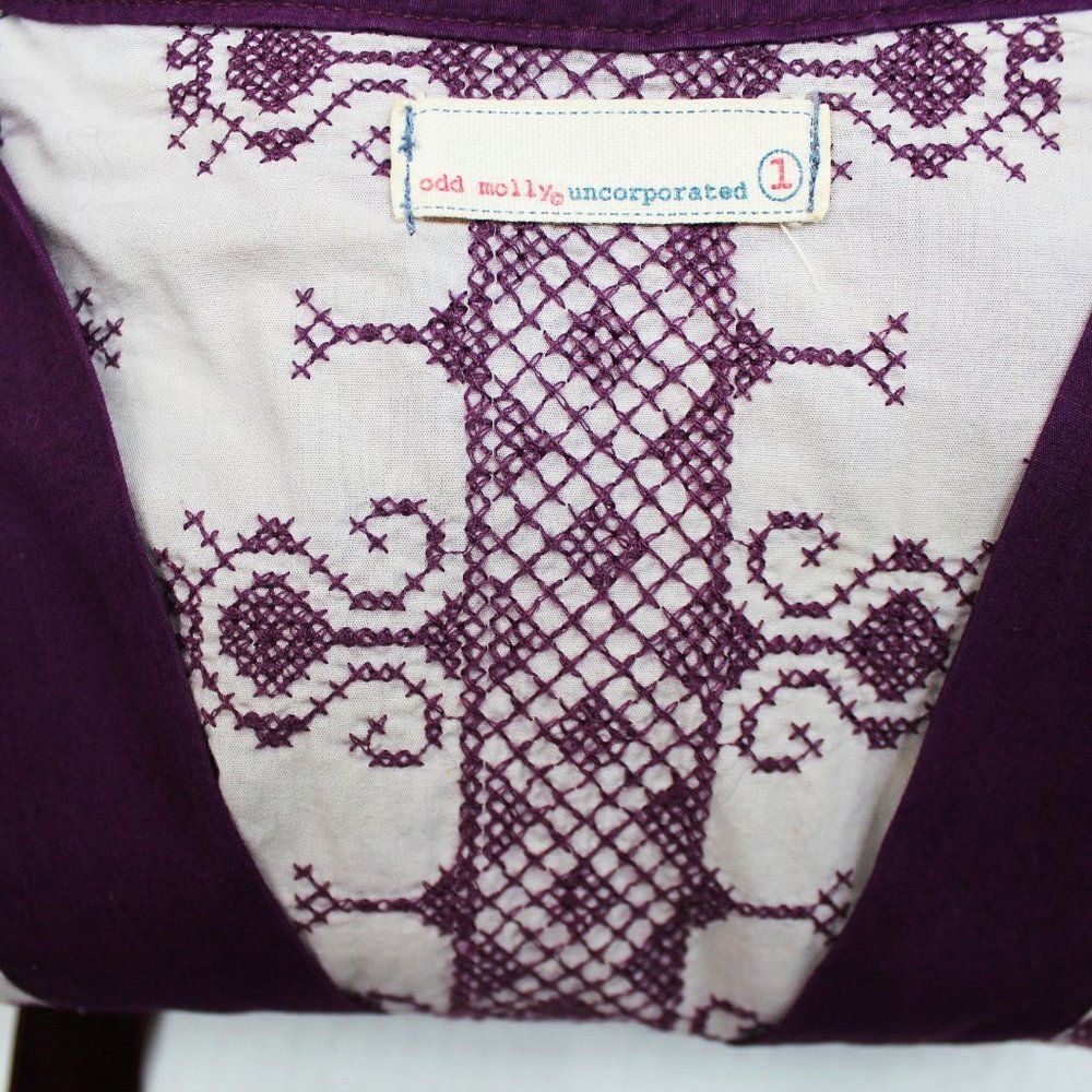 Odd Molly Cotton Four Continents Tunic Dress Plum Embroidered Knee Length Sz 1/S - Picture 11 of 15